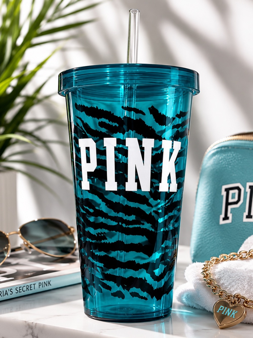 VS PINK Teal Zebra Print Travel Tumbler with Straw
